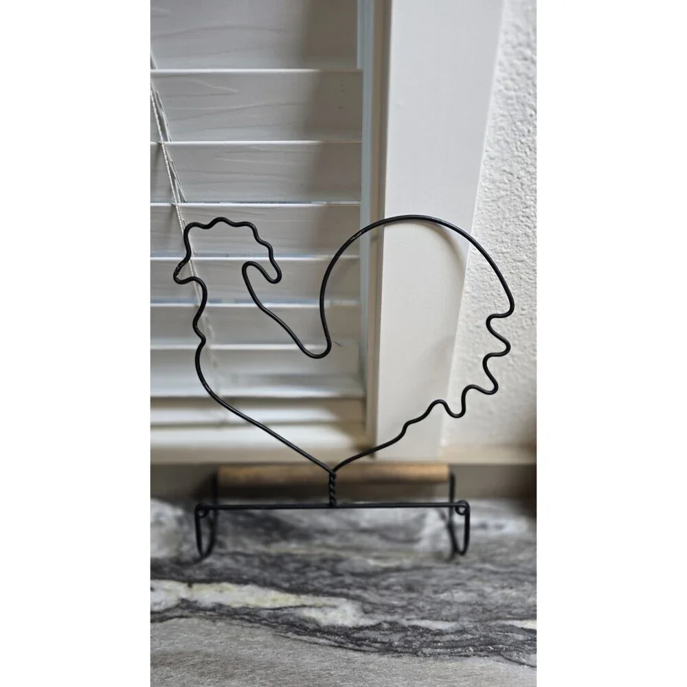 Country Rooster Metal Paper Towel Holder Black Wire Wood Farmhouse Kitchen